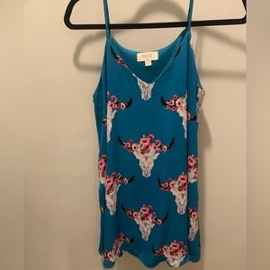 Blue Dress with Floral Bull Head Design